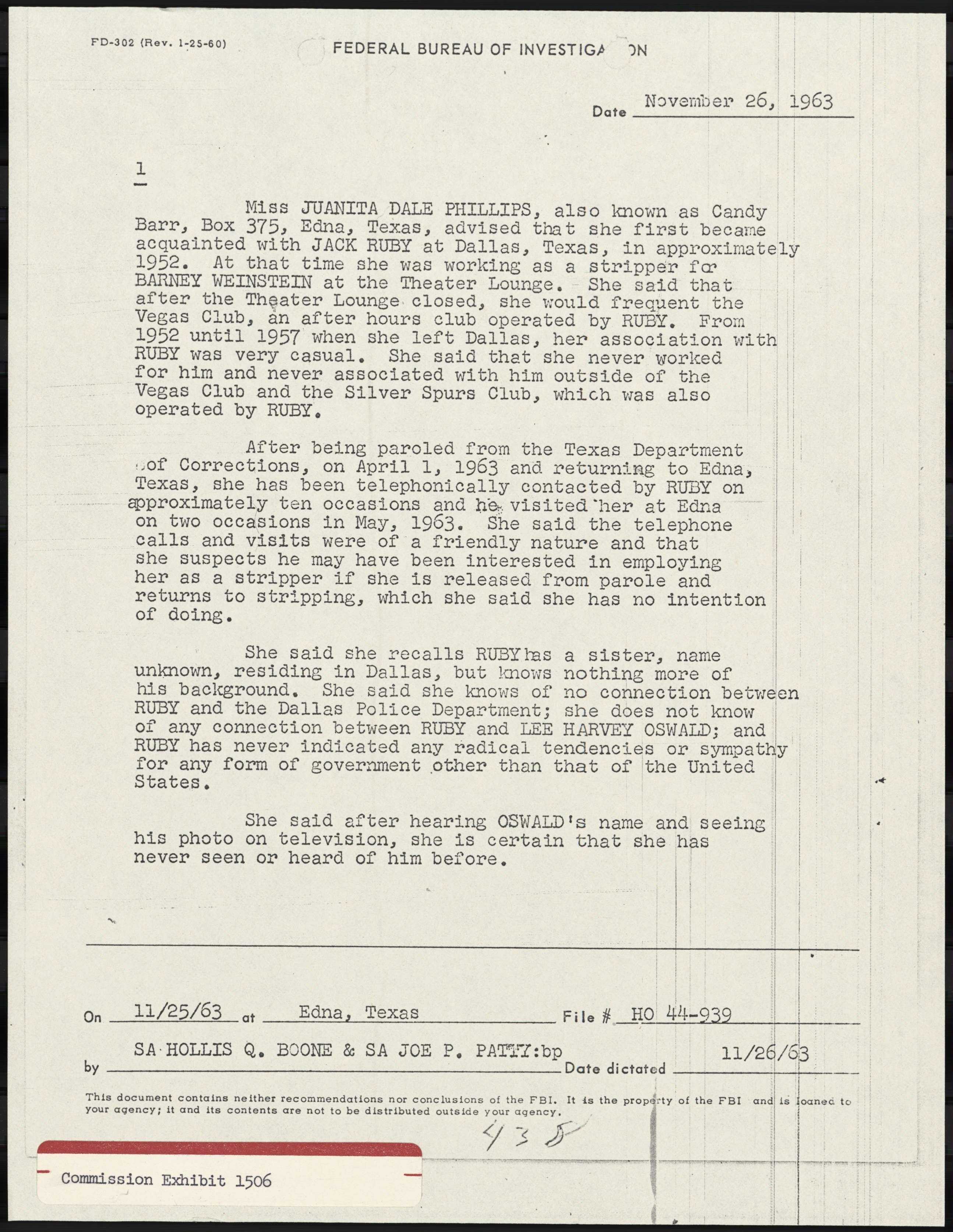 The first page of the FBI report of the interview of Juanita Dale Phillips at Edna, Texas, dated November 26, 1963, marked Commission Exhibit 1506.